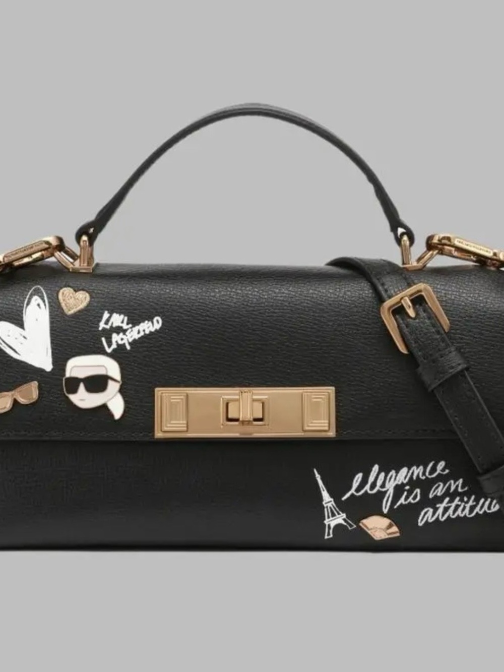 Karl Lagerfeld Black Satchel with Gold Hardware and White Graphics